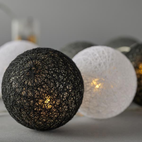 LÍNEA, 10 LED 5 mm, CON BOLAS DE ALGODÓN 6 cm, BLANCO, GRIS, NEGRO, CAJA DE PILAS 2xAA, TEMPORIZADOR, CABLE DE PVC TRANSPARENTE, LED BLANCO CÁLIDO, POR 15 cm, CABLE DE CONDUCCIÓN 30 cm, IP20