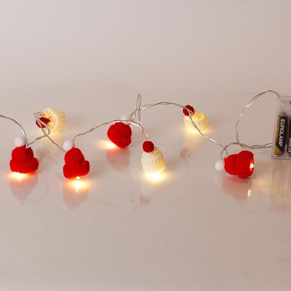 LÍNEA, 10 LED 5mm, CON GORRO DE LANA, CAJA DE PILAS 3xAA, TEMPORIZADOR, CAJA DE PVC TRANSPARENTE, LED BLANCO CÁLIDO, POR 15cm, CABLE DE CONDUCCIÓN 30cm, IP20