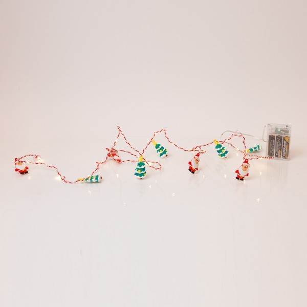 LÍNEA, 20 MINI LED, PAPÁ NOEL Y ÁRBOL DE NAVIDAD, CAJA DE PILAS 3xAA, TEMPORIZADOR, CABLE DE PVC ROJO Y BLANCO, POR 10 cm, CABLE DE CONDUCCIÓN 30 cm, IP20