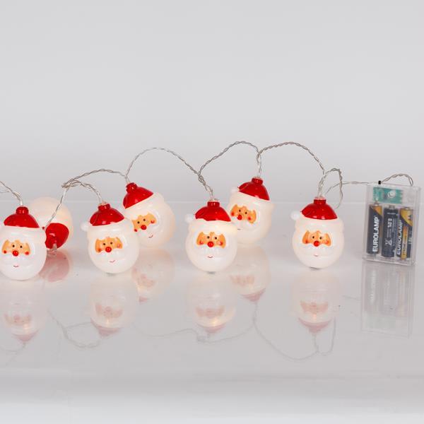 LÍNEA, 10 LED 5 mm, CABEZA DE PAPÁ NOEL, CAJA DE PILAS 3xAA, TEMPORIZADOR, CABLE DE PVC TRANSPARENTE, LED BLANCO CÁLIDO, POR 15 cm, CABLE DE CONDUCCIÓN 30 cm, IP20