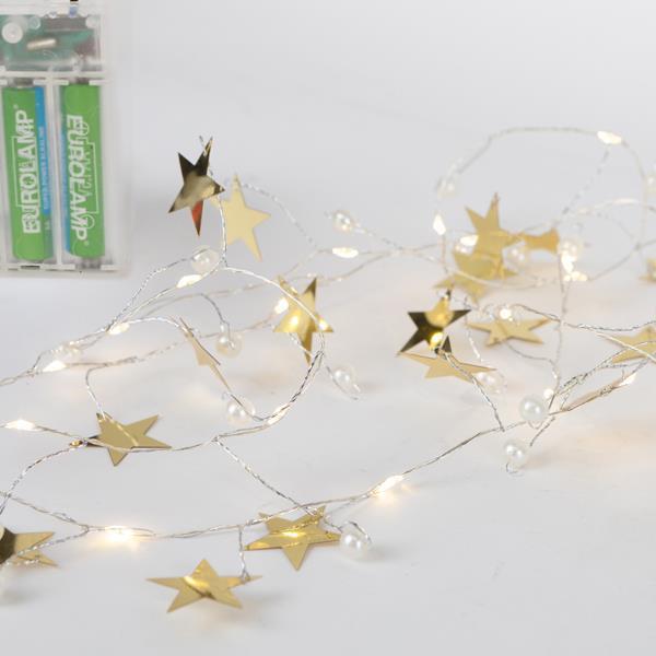 LÍNEA 20 MINI LED CON ESTRELLAS DECORATIVAS Y PERLA, CAJA DE PILAS 3XAA, TEMPORIZADOR, LED BLANCO CÁLIDO, CABLE DE COBRE, CABLE DE PLOMO 30cm, IP20