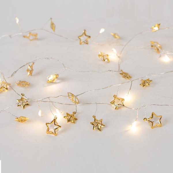 LÍNEA 20 MINI LED CON ESTRELLAS DECORATIVAS, CAJA DE PILAS 3XAA, TEMPORIZADOR, LED BLANCO CÁLIDO, CABLE DE COBRE PLATEADO, CABLE DE PLOMO 30cm, IP20