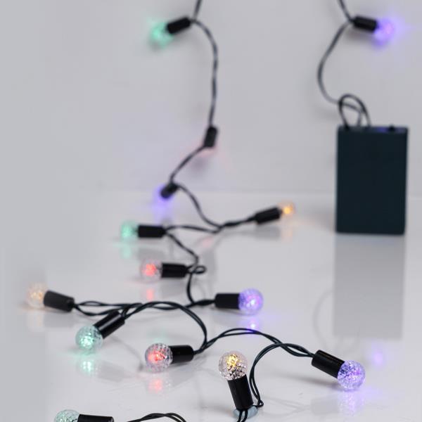 LÍNEA, 20 LED 5mm CON BOLAS DECO VINTAGE 1,5cm, CAJA DE PILAS 3XAA, TEMPORIZADOR, CABLE PVC VERDE, MULTI LED, POR 10cm, CABLE CONDUCTOR 30cm, IP20