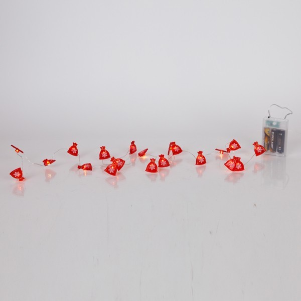 LÍNEA, 20 MINI LED, BOLSAS CON COPOS DE NIEVE, CAJA DE PILAS 3xAA, TEMPORIZADOR, CABLE DE COBRE PLATEADO, LED BLANCO CÁLIDO, POR 10cm, CABLE DE CONDUCCIÓN 30cm, IP20