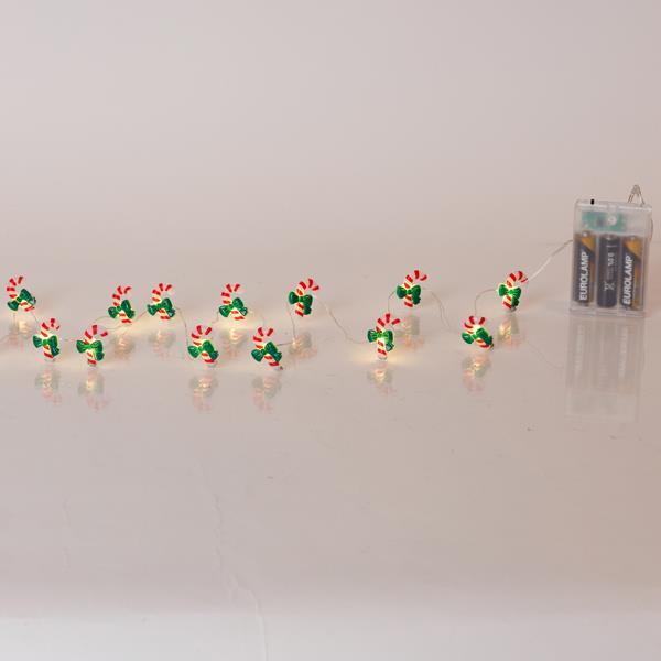 LÍNEA, 20 MINI LED, CARAMELO CON LAZO VERDE, CAJA DE PILAS 3xAA, TEMPORIZADOR, CABLE DE COBRE PLATEADO, LED BLANCO CÁLIDO, POR 10cm, CABLE DE CONDUCCIÓN 30cm, IP20