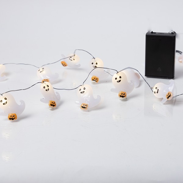 LÍNEA, 20 MINI LED, FANTASMAS CON CALABAZAS, CAJA DE PILAS 3xAA, TEMPORIZADOR, CABLE DE COBRE NEGRO, LED BLANCO CÁLIDO, POR 10cm, CABLE DE CONDUCCIÓN 30cm, IP20