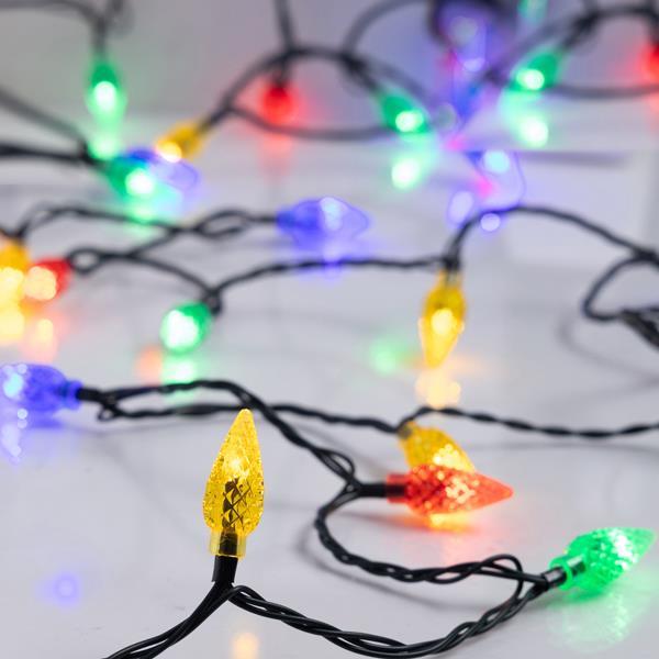 LÍNEA, 100 LED 5 mm, CON DIAMANTES DE COLORES 3 cm, ADAPTADOR 31 V, FIJO, CABLE PVC VERDE, MULTILED, POR 10 cm, CABLE CONDUCTOR 3 m, IP44