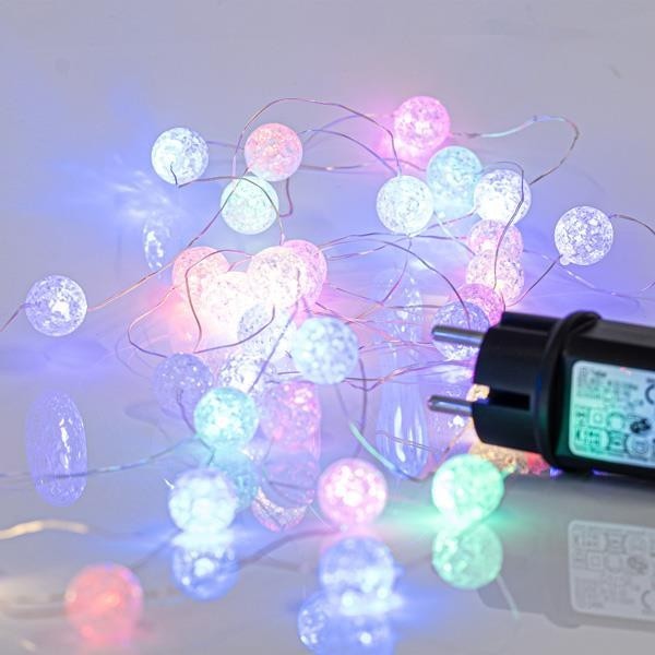 LÍNEA, 100 MINI LED, BOLAS DE ACRÍLICO Φ2cm, ADAPTADOR DE 4,5V, CABLE DE COBRE PLATEADO, LED MULTIUSOS ÓPALO, POR 5cm, CABLE DE CONDUCCIÓN 3m, IP44