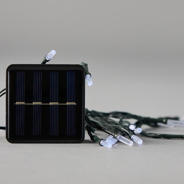 LÍNEA, 80 LED 5 mm CON EXTENSIÓN ACRÍLICA, PANEL SOLAR CON SENSOR DE LUZ, 8 M/H, CABLE PVC VERDE, LED BLANCO, POR 10 cm, CABLE CONDUCTOR 1 m, IP44