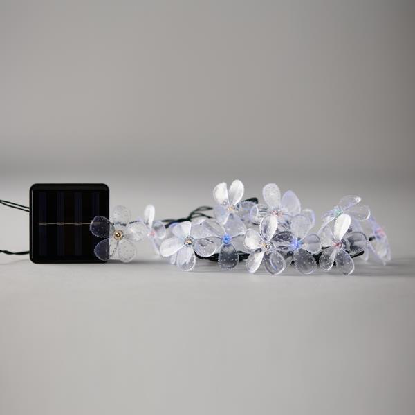 LÍNEA, 80 LED 5 mm, CON FLORES, PANEL SOLAR CON SENSOR DE LUZ, 8 M/H, CABLE PVC VERDE, MULTILED, POR 10 cm, CABLE CONDUCTOR 1 m, IP44