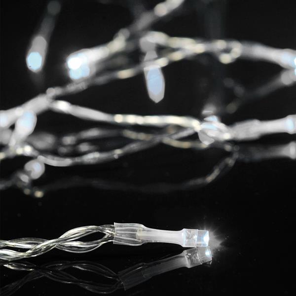 LÍNEA 50 LED 5 mm, CAJA DE PILAS 3XAA, TEMPORIZADOR, CABLE TRANSPARENTE, LED BLANCO, CADA 10 cm, CABLE DE CONDUCCIÓN 30 cm, IP20, CAJA DE EXPOSICIÓN (24 UDS.)