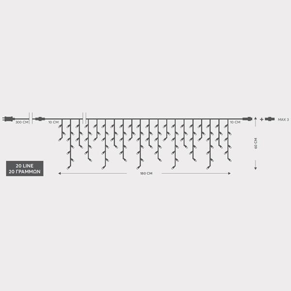 CARÁMBANO, 100 LED 3 mm, ADAPTADOR 31 V, 4 CONECTORES (HASTA 3 JUEGOS), CABLE DE PVC TRANSPARENTE, LED BLANCO CÁLIDO (Alto 60 x Ancho 180 cm, 3/7/4/6), CABLE DE CONDUCCIÓN 3 m, IP44