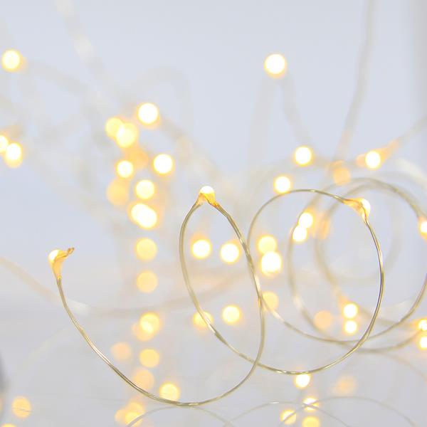  LÍNEA, 50 MINI LED, CAJA DE PILAS 2XAA, TEMPORIZADOR, CABLE DE COBRE PLATEADO, LED BLANCO CÁLIDO, POR 10 cm, CABLE DE CONDUCCIÓN DE 10 cm, IP20, CAJA DE EXPOSICIÓN (24 UDS.)