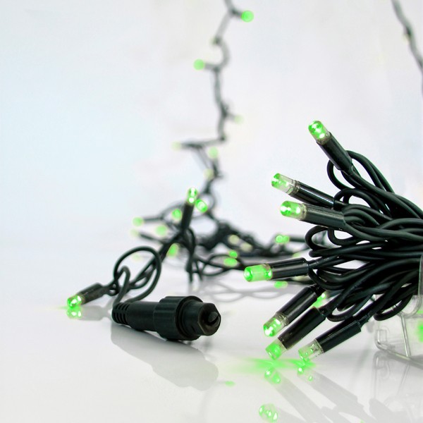 LÍNEA, 100 LED 5 mm CON COPAS, 230 V, 2 CONECTORES HASTA 9 JUEGOS, CABLE DE GOMA VERDE, LED VERDE, POR 10 cm, IP65 (SIN ENCHUFE, SIN CABLE)