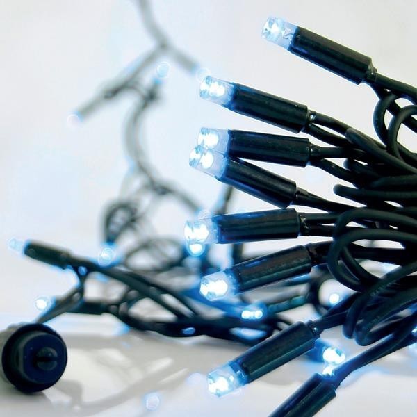 LÍNEA, 100 LED 5 mm CON COPAS, 230 V, 2 CONECTORES HASTA 9 JUEGOS, CABLE DE GOMA VERDE, LED AZUL, POR 10 cm, IP65 (SIN ENCHUFE, SIN CABLE)