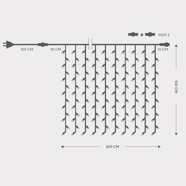 CORTINA, 200 LED 5mm CON COPAS, 230V, 3 CONECTORES HASTA 5 JUEGOS, CABLE DE GOMA VERDE, LED BLANCO (Alto 100 x Ancho 200cm, 20 LÍNEAS x 10 LED), CABLE DE CONDUCCIÓN 1,5m, IP65