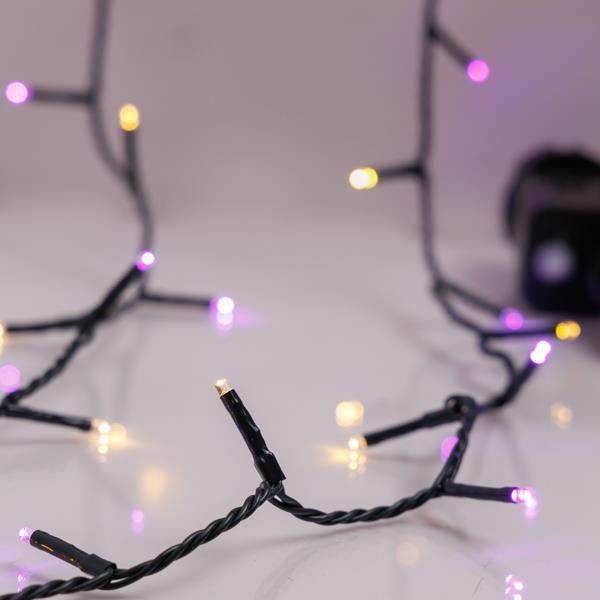 LÍNEA, 240 LED 3 mm, ADAPTADOR DE 31 V CON 8 M/F Y MEMORIA, CABLE DE PVC VERDE, LED BLANCO CÁLIDO Y MORADO, POR 5 cm, CABLE DE CONDUCCIÓN 3 m, IP44