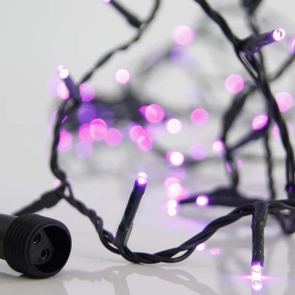 LÍNEA, 100 LED 3 mm, ADAPTADOR 31 V, 4 CONECTORES HASTA 3 JUEGOS, CABLE PVC VERDE, LED MORADO, POR 5 cm, CABLE CONDUCTOR 3 m, IP44