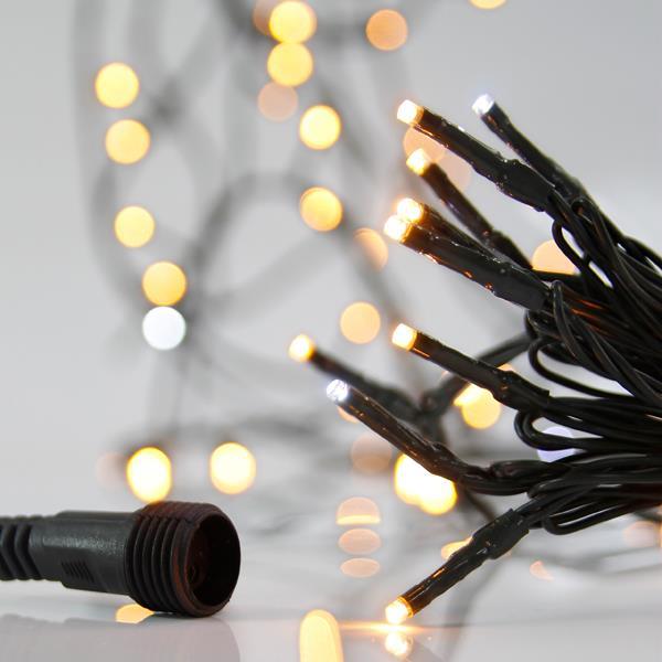 LÍNEA, 100 LED 3 mm, ADAPTADOR 31 V, 4 CONECTORES HASTA 3 JUEGOS, CABLE PVC VERDE, LED BLANCO CÁLIDO + 9 LED BLANCOS DE DESTELLO, POR 10 cm, CABLE 3 m, IP44