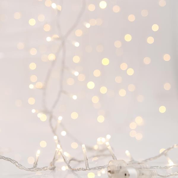 CORTINA, 240 LED 3 mm, ADAPTADOR 31 V, 4 CONECTORES HASTA 3 JUEGOS, CABLE DE PVC TRANSPARENTE, LED BLANCO CÁLIDO, (Alto 100 x Ancho 200 cm, 20 LÍNEAS x 12 LED), CABLE DE CONDUCCIÓN 3 m, IP44