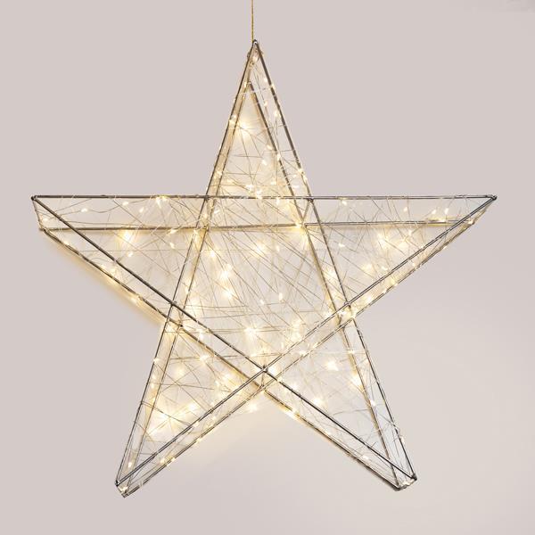 ESTRELLA ILUMINADA 110 cm, 480 LED, ADAPTADOR DE 4,5 V, TEMPORIZADOR, ESTRUCTURA DE METAL PLATEADA, CABLE DE COBRE PLATEADO, LED BLANCO CÁLIDO, CABLE DE 5 m, IP44
