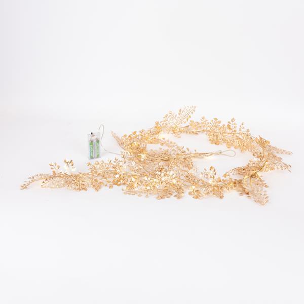 Guirnalda dorada iluminada con hojas doradas, 150 cm, 30 LED blanco cálido, caja de pilas 2xAA, cable de 50 cm, IP20