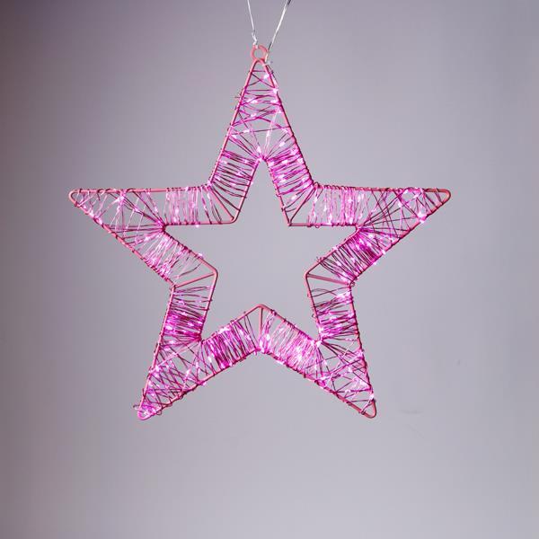 ESTRELLA ILUMINADA 35 cm, 200 MINI LED, ADAPTADOR 4,5 V, MARCO METÁLICO ROSA, CABLE DE COBRE ROSA, MINI LED ROSA, CABLE DE CONDUCCIÓN 5 m, IP44