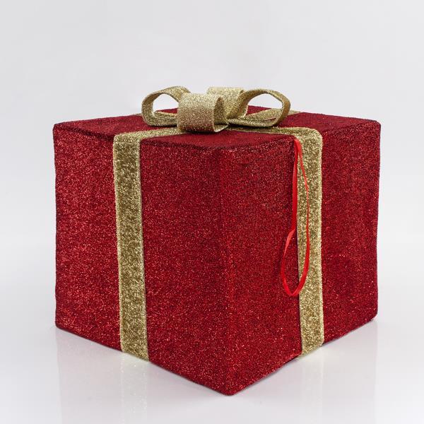 CAJA DE REGALO DE TELA, ROJA CON CINTA DORADA, 50 cm