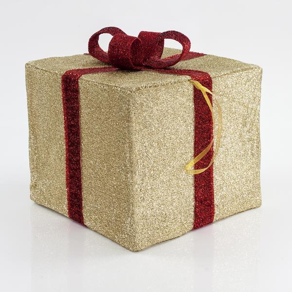 CAJA DE REGALO DE TELA, DORADA CON CINTA ROJA, 40cm