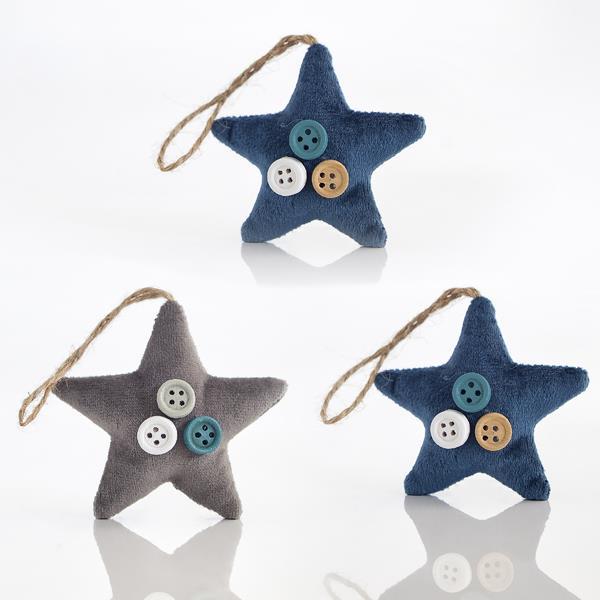 SET 6 ESTRELLAS DE TERCIOPELO CON BOTONES EN 3 COLORES, 6,5x6,5x2cm