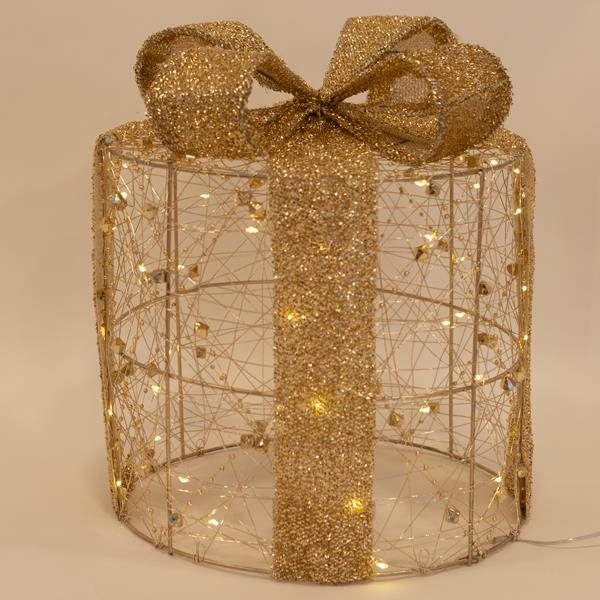 REGALOS REDONDOS ILUMINADOS 15-20-25cm, CAJA DE PILAS, TEMPORIZADOR, DORADO CON PERLAS, LED BLANCO CÁLIDO, IP20