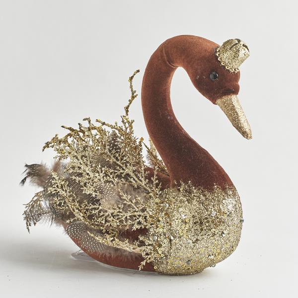 CISNE DE TERCIOPELO, MARRÓN, CON BRILLO DORADO, 28 cm