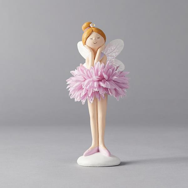 HADA DE POLIRESINA MORADA, CON FALDA DE FLORES, 6,50x6x18,50cm