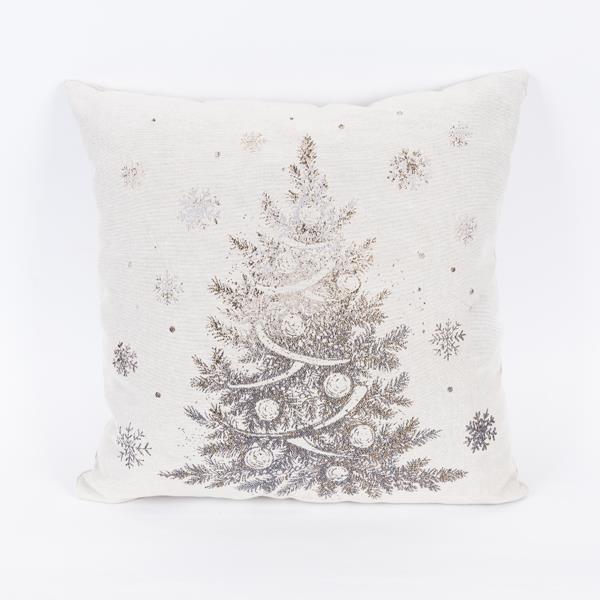 ALMOHADA BEIGE, CON ESTAMPADO METÁLICO ÁRBOL DE NAVIDAD, 45x45cm
