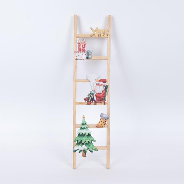 ESCALERA DE MADERA DECORATIVA CON PAPÁ NOEL Y CORAZÓN, 2,5x14,5x60cm