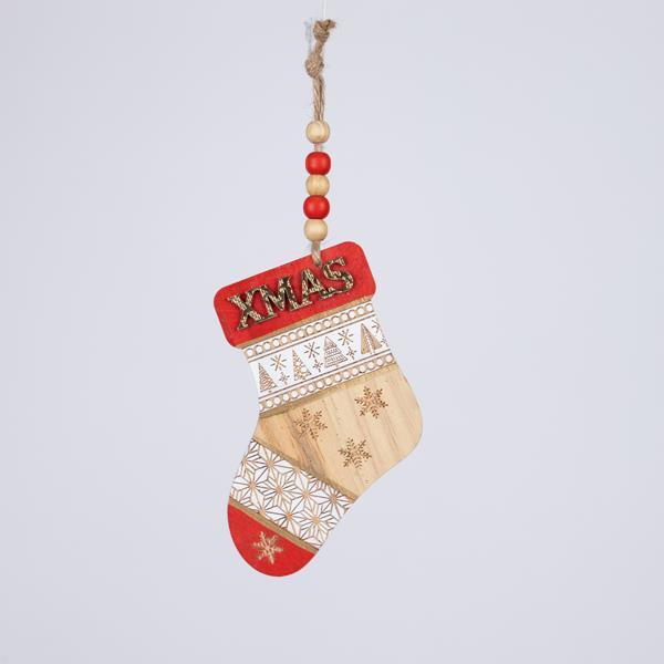 ADORNO DE MADERA BOTA, ROJO CON DORADO NAVIDAD, 0.8x8x24cm