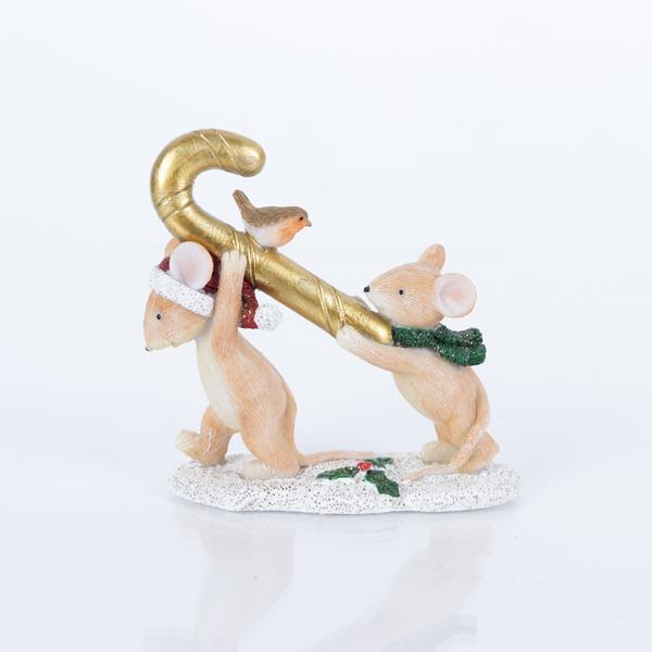RATITO DE POLIRESINA CON BASTÓN DE CARAMELO DORADO, 4x10,5x11cm