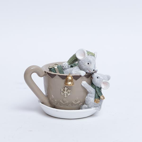 RATONES DECORATIVOS DE POLIRESINA, EN TAZA DE TÉ, CHAMPÁN, 7,5x8,5x10cm
