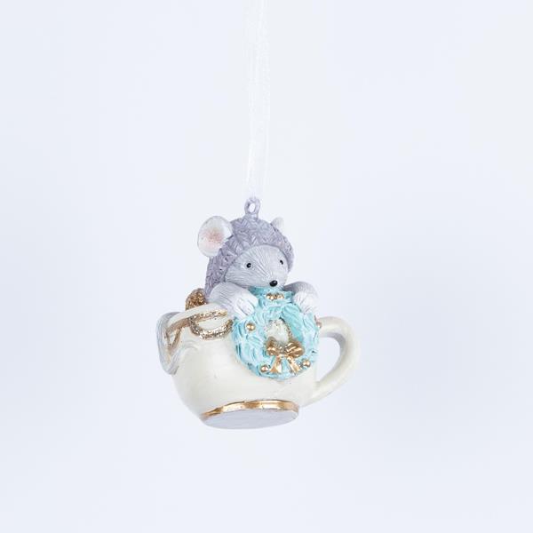 TAZA DE TÉ CON RATÓN, DECORATIVA DE POLIRESINA, BLANCA, 4x5x5,5cm