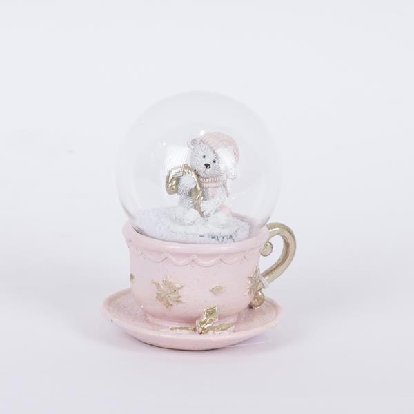 BOLA DE NIEVE EN TAZA DE TÉ CON OSO, ROSA, 7x8x10cm