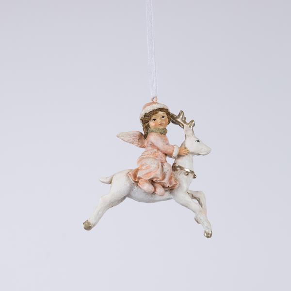 ADORNO COLGANTE DE POLIRESINA, NIÑA CON CIERVO, 8,5x5x9,5cm