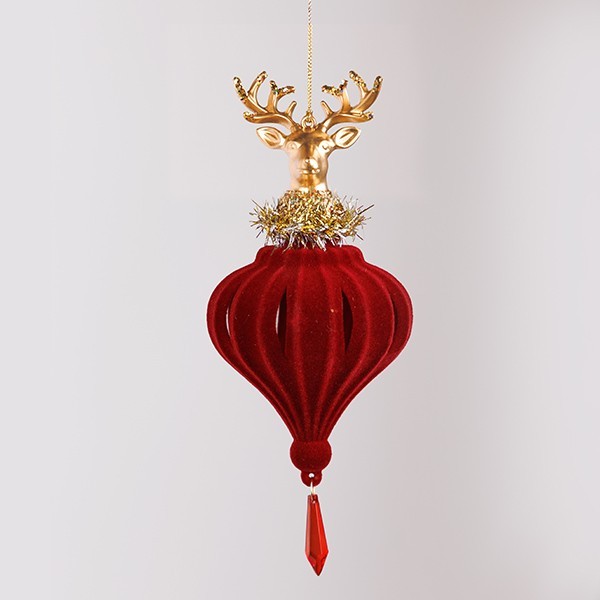 ADORNO COLGANTE, TERCIOPELO, ROJO CON CIERVO DORADO, 19,56 CM