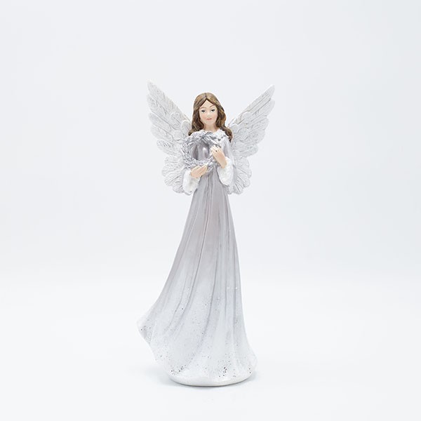 ÁNGEL DE POLIRESINA, PLATA, CON CORONA, 12X9X25,7CM