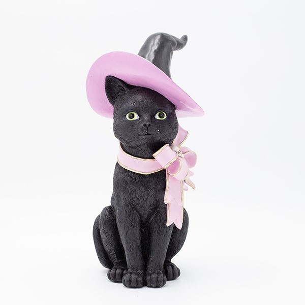 GATO BRUJO DE POLIRESINA, CON LAZO ROSA, HALLOWEEN, 15,3X14,5X29,8CM
