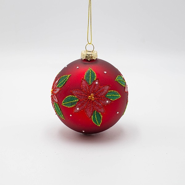 BOLA DE CRISTAL, ROJA CON FLOR DE POINSETTI, SET DE 4 PIEZAS, 10 CM