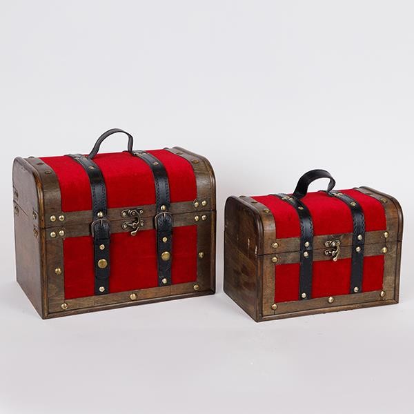 BAÚL DE MADERA, TERCIOPELO BURDEOS, JUEGO DE 2 PIEZAS, 29X19X22CM Y 25X15X17CM