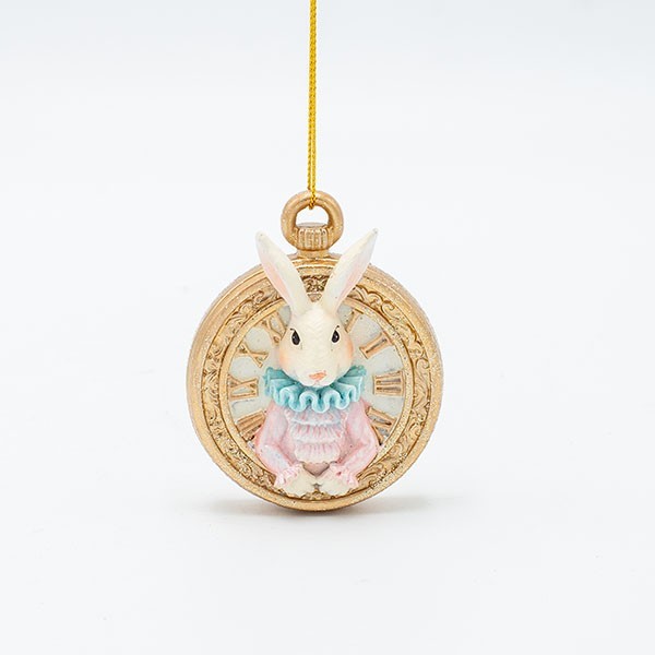ADORNO COLGANTE DE POLIRESINA, RELOJ CON CONEJO, DORADO ROSA, 5,5X7CM
