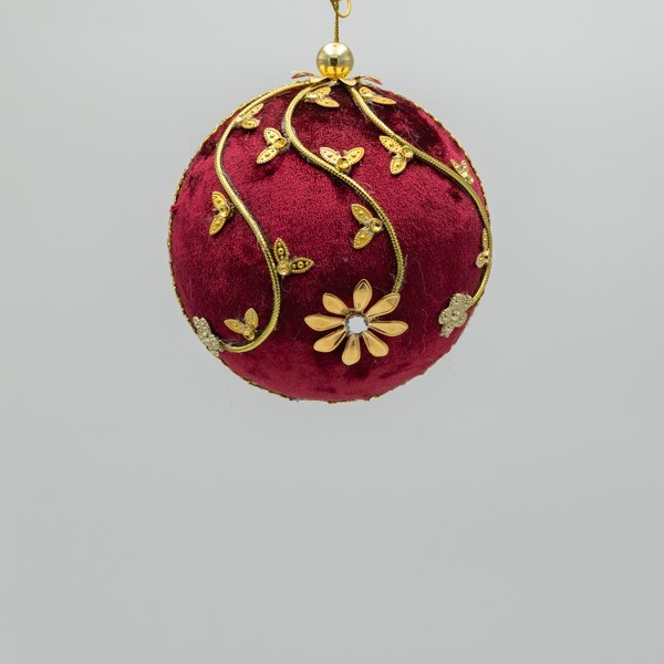BOLA DE TERCIOPELO, BURDEOS, CON MARIPOSAS DORADAS, 10 CM
