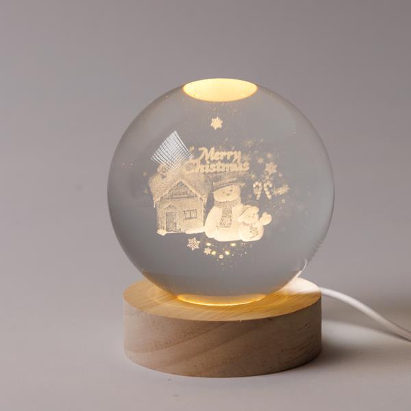 BOLA ILUMINADA DE 8 CM, DISEÑO NAVIDEÑO, MUÑECO DE NIEVE CON CASA, USB, 6 LED SMD BLANCO CÁLIDO, BASE DE 7 CM, CABLE DE 70 CM, IP20