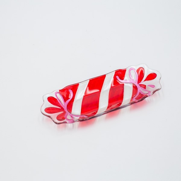 PLATO DE DULCES RECTANGULAR, PLATEADO ROJO, VIDRIO DECORATIVO, 8,5X23CM